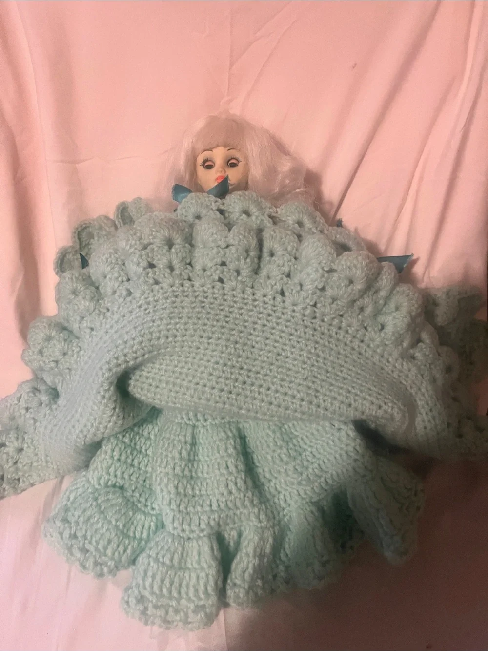 Vintage Doll with Handmade Light Aqua Crochet Dress with Ribbon Accents